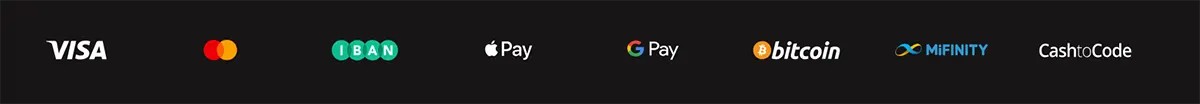 Payment methods banner displaying Visa, Mastercard, IBAN, Apple Pay, Google Pay, Bitcoin, MiFinity, and CashtoCode logos on a dark background.