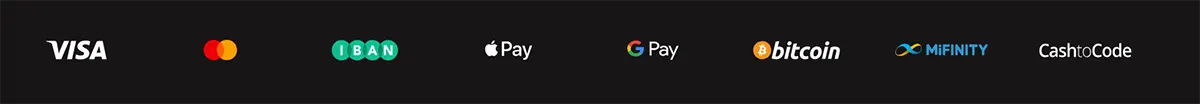 Payment methods banner displaying Visa, Mastercard, IBAN, Apple Pay, Google Pay, Bitcoin, MiFinity, and CashtoCode logos on a dark background.
