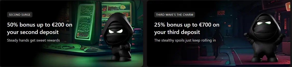Casino bonus banners featuring a ninja mascot, promoting a 50% bonus up to €200 on the second deposit and a 25% bonus up to €700 on the third deposit.