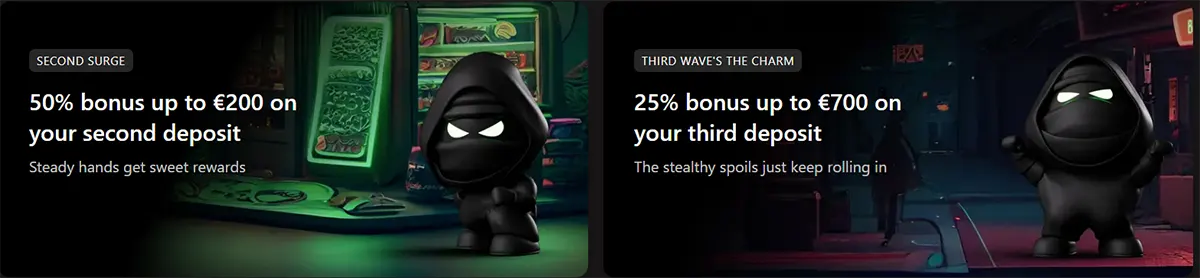 Casino bonus banners featuring a ninja mascot, promoting a 50% bonus up to €200 on the second deposit and a 25% bonus up to €700 on the third deposit.