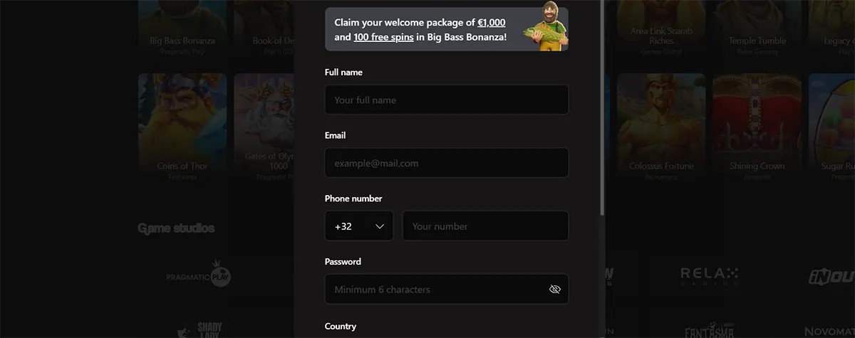 Casino registration form with fields for full name, email, phone number, password, and country, plus a welcome offer of €1,000 and 100 free spins on a dark blurred gaming background.