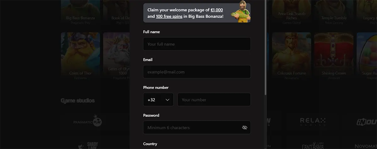 Casino registration form with fields for full name, email, phone number, password, and country, plus a welcome offer of €1,000 and 100 free spins on a dark blurred gaming background.